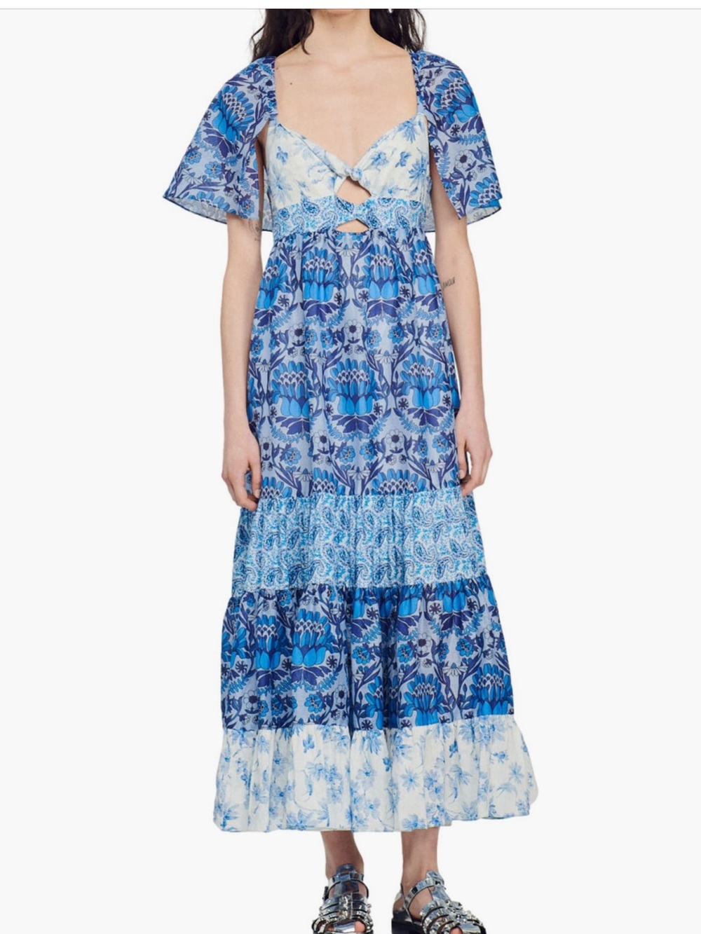 Sandro Blue Floral Tiered Maxi Dress with Cutout Front